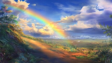 Fototapeta premium A vibrant rainbow crossing a cloud-dappled sky, casting soft light over a quiet path that leads into a horizon of warmth and possibility. 