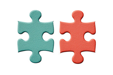 Obraz premium Two textured puzzle pieces, one teal and one red, positioned side by side. Png, Transparent background.