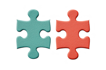 Two textured puzzle pieces, one teal and one red, positioned side by side. Png, Transparent background.