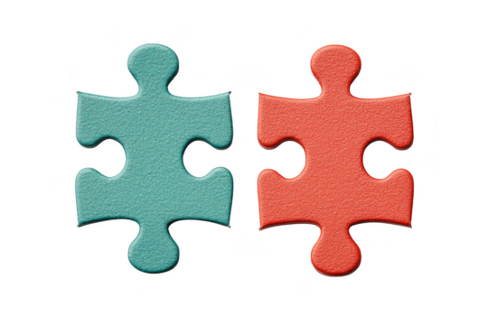 Two textured puzzle pieces, one teal and one red, positioned side by side. Png, Transparent background.