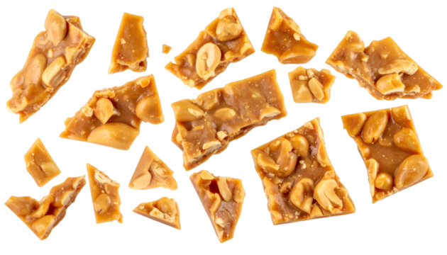 Peanut brittle shards hovering on transparent background