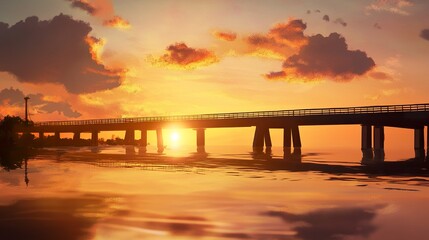 Fototapeta premium A warm, glowing sunset behind a long bridge crossing a reflective body of water, with a few clouds softly glowing in the fading light. 