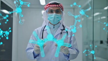 Scientist interacts with molecular structures in lab