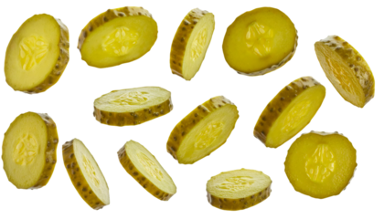 Multiple pickle slices falling with transparent background