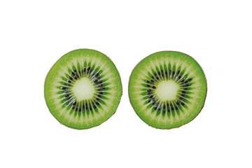 Fototapeta premium Two vibrant kiwi fruit slices displaying their green flesh and black seeds. Png, Transparent background.