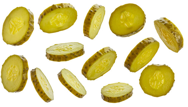 Multiple pickle slices falling with transparent background