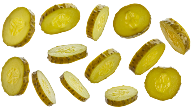 Multiple pickle slices falling with transparent background