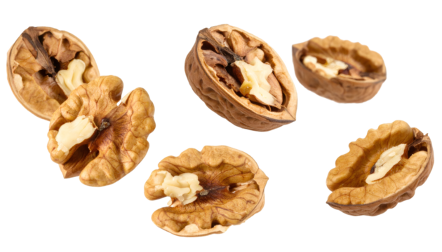 Walnut halves with realistic texture and natural lighting are hovering on a transparent background