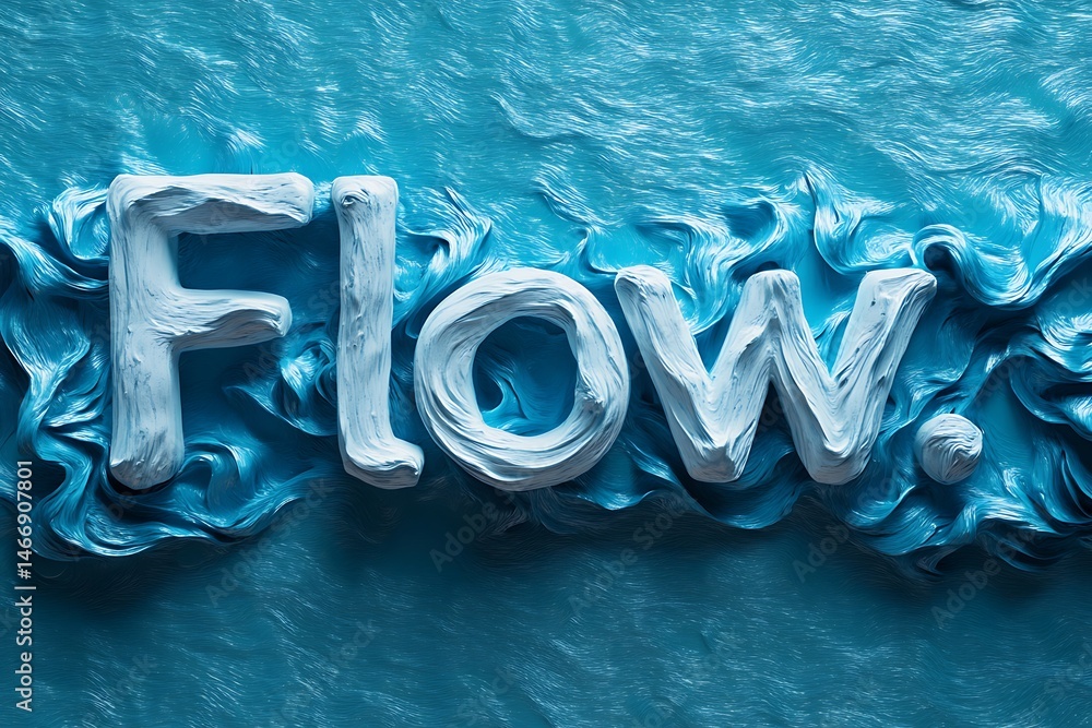Poster flow concept in blue liquid waves with textured white letters representing dynamics and fluidity cre