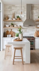 Modern farmhouse kitchen with open shelving, wooden accents, and a large island