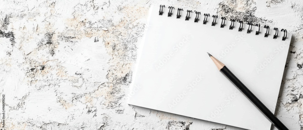 Poster blank notebook with pencil on textured white background overhead flat lay copy space for text writin