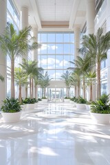 Sunlit atrium with tall palm trees,  polished floors, and a central water feature