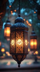 Ornate lanterns, warm glow, festive lighting