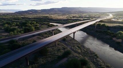 Obraz premium A wide aerial shot of a modern highway bridge crossing a river, its streamlined design blending seamlessly with the natural and urban elements around it. 