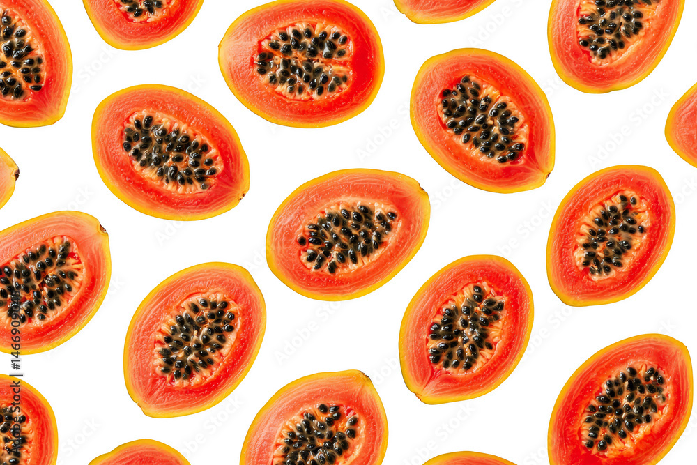 Poster multiple papaya halves with black seeds are arranged in a seamless pattern on a black background. pn