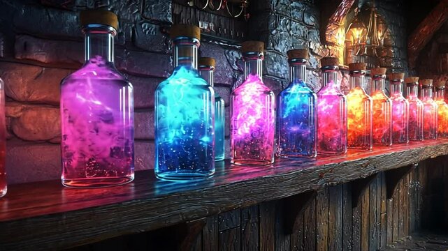 Glowing colorful bottles on shelf