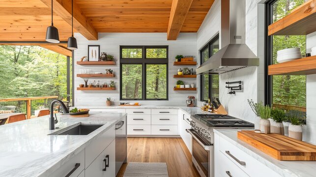 Modern farmhouse kitchen with exposed beams, showcasing an open concept design, featuring white cabinets, a large island, and ample natural light