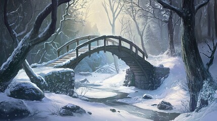 A wooden arch bridge in the heart of a snowy forest, its structure arching over a frozen stream, with soft winter light creating a serene atmosphere.  