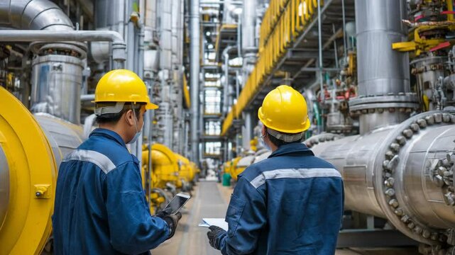 Asian men working outside of gas and oil factory while wearing helmet, mask and uniform - Industrial occupation  concept - Models by AI generative