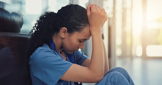 Nurse, stress and woman with grief, anxiety and patient loss or bad news and overwhelmed in clinic. Mental health, sad and surgeon student with panic attack, healthcare fail or medical burnout