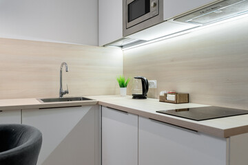 built-in kitchen with white cabinets. wooden table top. microwave oven, electric kettle, steel sink...