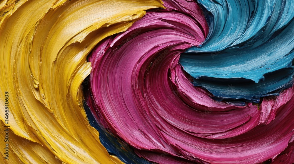 Aufkleber photo-realistic macro of textured painting with vibrant swirling strokes--mustard, fuchsia, turquois