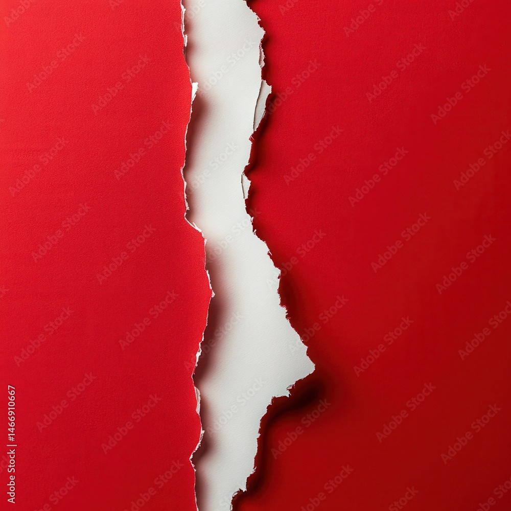 Poster torn red paper revealing white background studio shot top view for texture or design element use in 