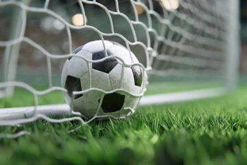 Soccer ball flying into goal net in mid-air, victory moment, sports action, dynamic motion, competitive game, outdoor stadium, athletic success, team celebration, match highlight, decisive strike.