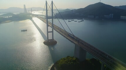 Obraz premium Aerial shot of a massive road bridge carrying dense traffic, its elegant design standing out over calm, sunlit waters. 