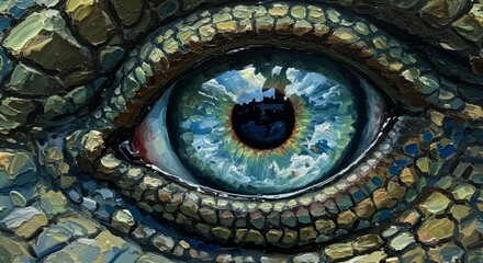 Obraz premium Saurian Eye: A Cloudy Sky Reflection - A close-up painting of a reptilian eye, reflecting a cloudy sky. Symbolizing ancient wisdom, hidden depths, nature's power, serene contemplation