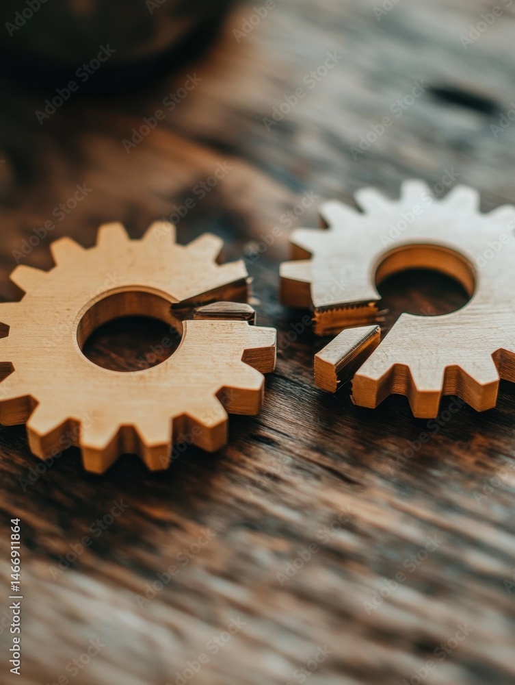 Poster two wooden gears on a rustic wooden surface close up shot representing connection teamwork and mecha
