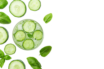 A refreshing drink garnished with cucumber slices and mint leaves. Png, Transparent background.