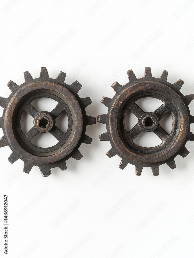 Poster two rustic gears on white background close up studio shot symbolizing mechanism and engineering prec
