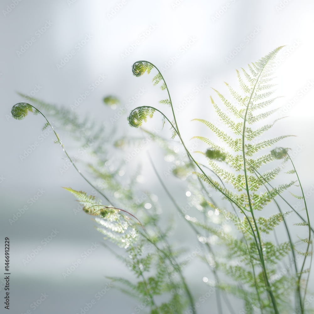 Poster delicate fern leaves bathed in soft natural light creating an ethereal atmosphere of serenity and gr