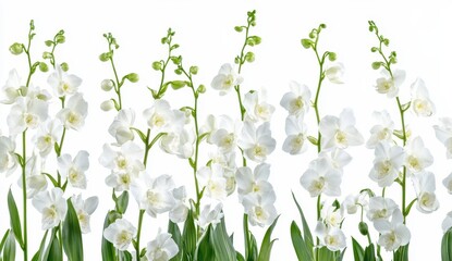 Fototapeta premium Delicate White Flowers Blooming with Green Stems Isolated on White Background Beautiful Blossoms Detailed Petals Springtime Freshness Pure Elegance Botanical Still Life