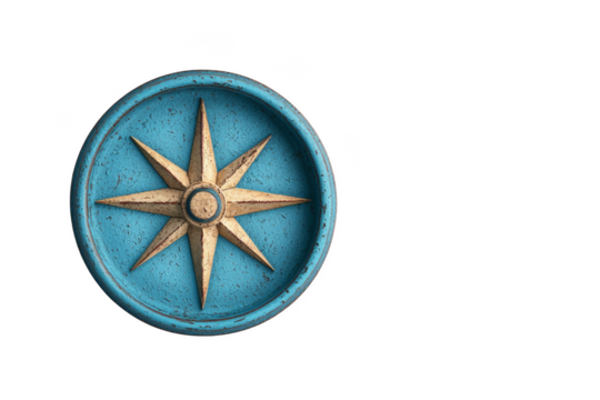 A vintage blue and gold compass rose with eight points and a circular frame. Png, Transparent background.