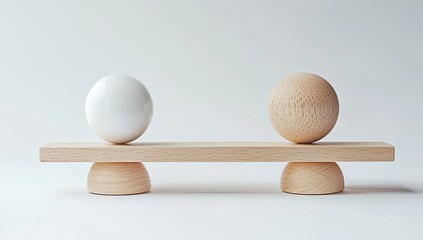 A simple wooden seesaw with a white egg and a light brown ball.  The objects are balanced on either side