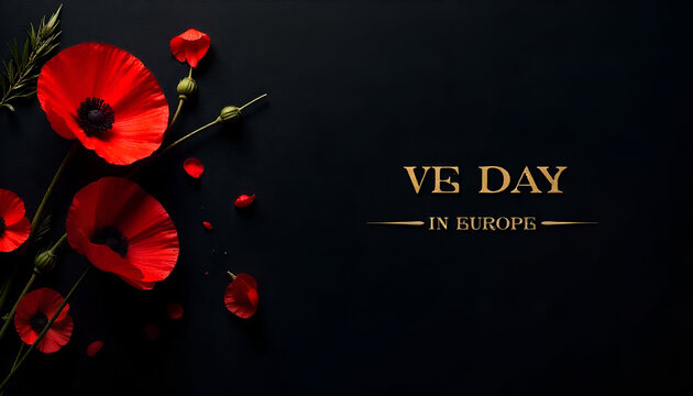 A sleek and elegant Victory in Europe Day (VE Day) postcard design. The background is completely black, creating a somber and respectful tone.