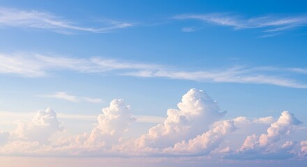 Fototapeta premium Serene Blue Sky with Fluffy Cloud Formations - Peaceful blue sky, fluffy white clouds, gradient colors, serene nature, tranquil atmosphere. Symbolizing freedom, hope, peace, dreams, and tranquility