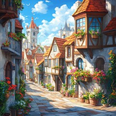 Quaint European Village Street Scene with Red Tile Roofs and Flower Boxes in Sunny Weather Perspective View