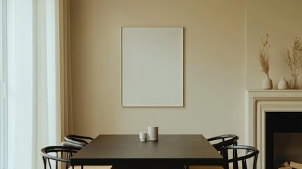 Minimalist dining room, blank canvas mockup, beige walls, fireplace