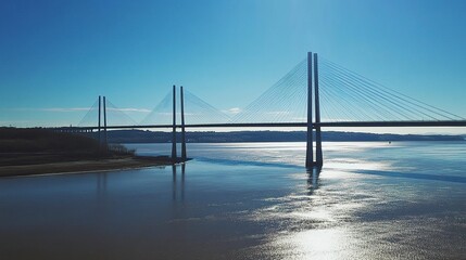 Fototapeta premium An elegant cable-stayed bridge over a vast river, its design accentuated by a clear blue sky and sunlight gleaming off the water's surface. 