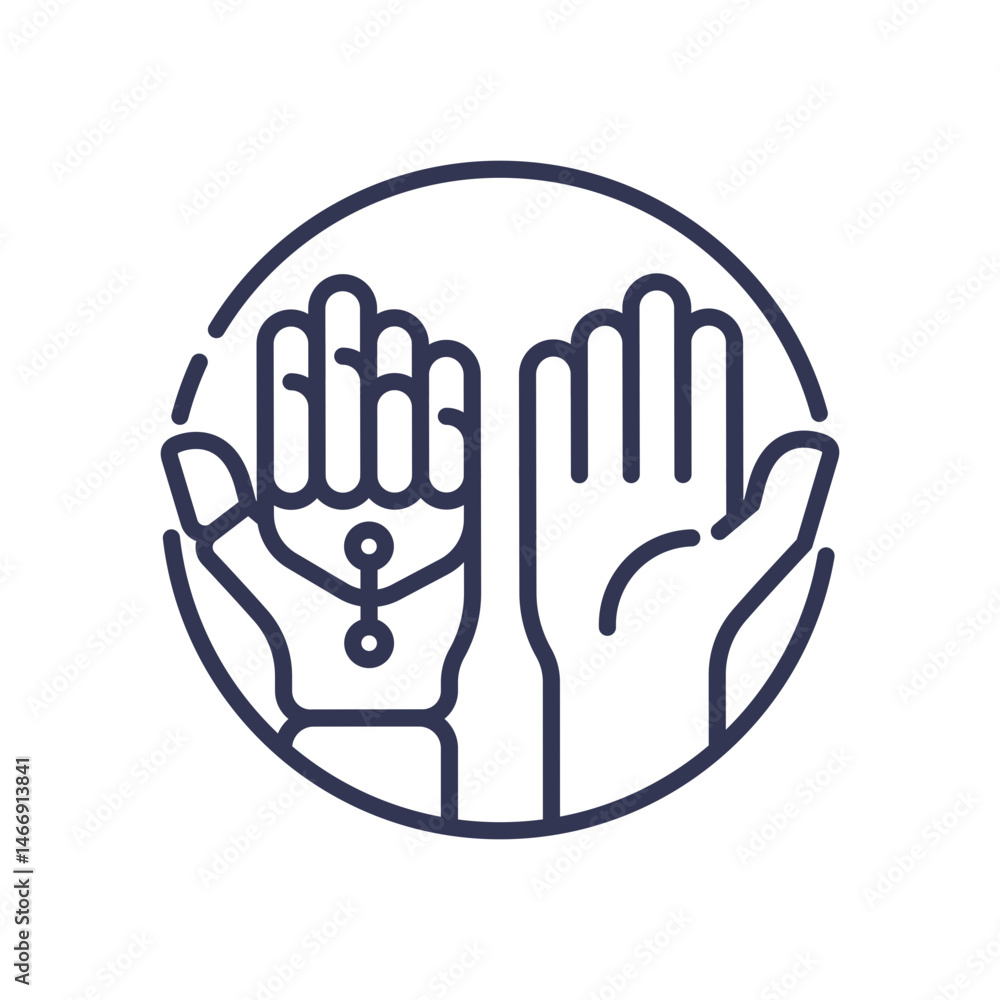 Poster human and robotic hands symbolize collaboration and integration.