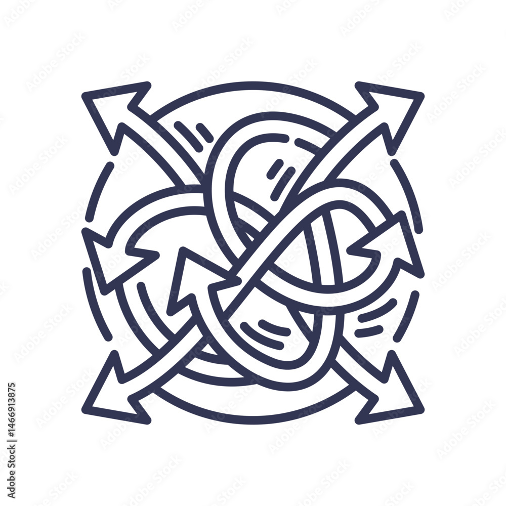 Poster intertwined arrows symbolize complex decision-making and conflicting options.
