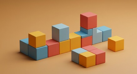 Obraz premium Colorful Wooden Cube Arrangement on Tan Surface