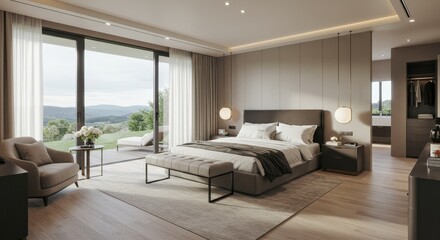 Fototapeta premium Serene Hillside Bedroom Retreat - Luxurious king-size bed, panoramic views, minimalist design, natural light, tranquil ambiance. Symbolizing peace, opulence, nature, serenity, escape