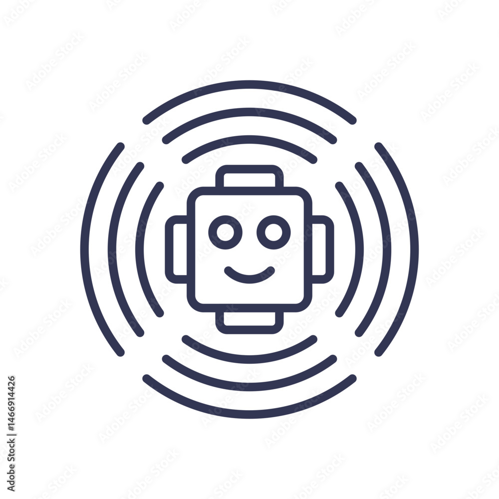 Poster smiling robot with radiating waves symbolizes ai perception and awareness.