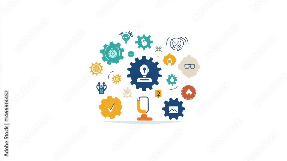 Poster business automation icons with gear, process loop, and robotic process symbols