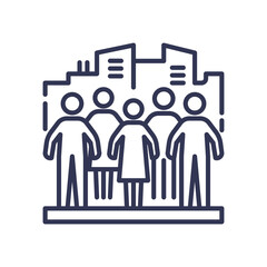 Illustration of people in front of city buildings symbolizing population density.
