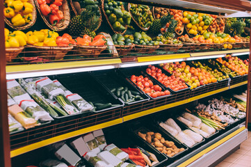 Wide selection of fresh fruits and vegetables supermarket.